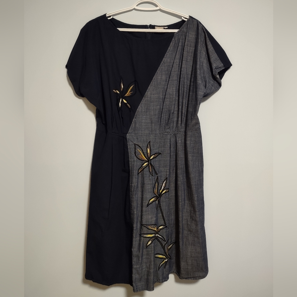 Eshakti Chambray Fit Flare Embroidered Floral Dress 1X Denim Pockets 18W